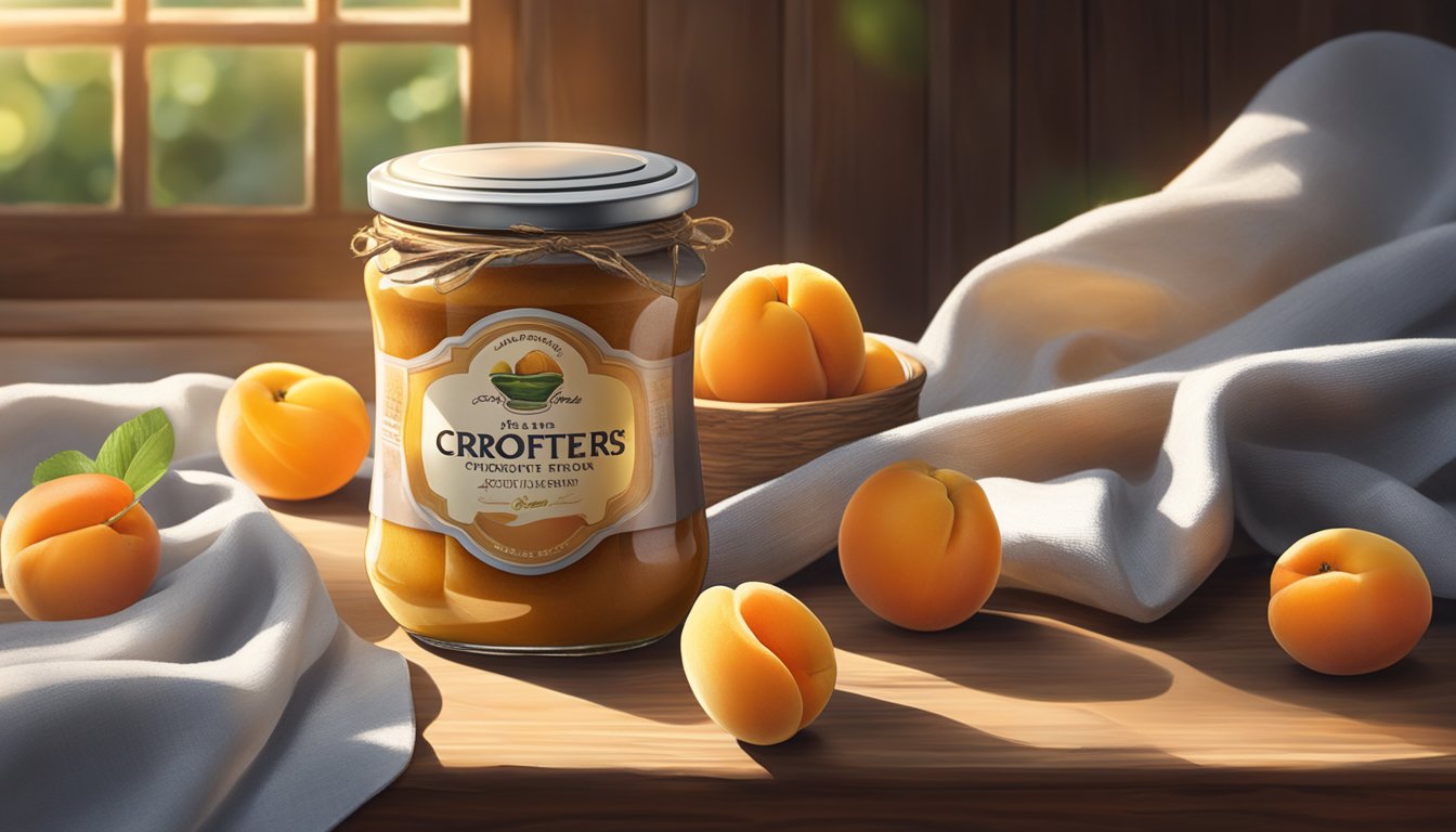 A jar of Crofters Just Fruit Spread sits on a wooden table, surrounded by fresh apricots and a rustic cloth. Sunlight streams in, casting a warm glow on the scene