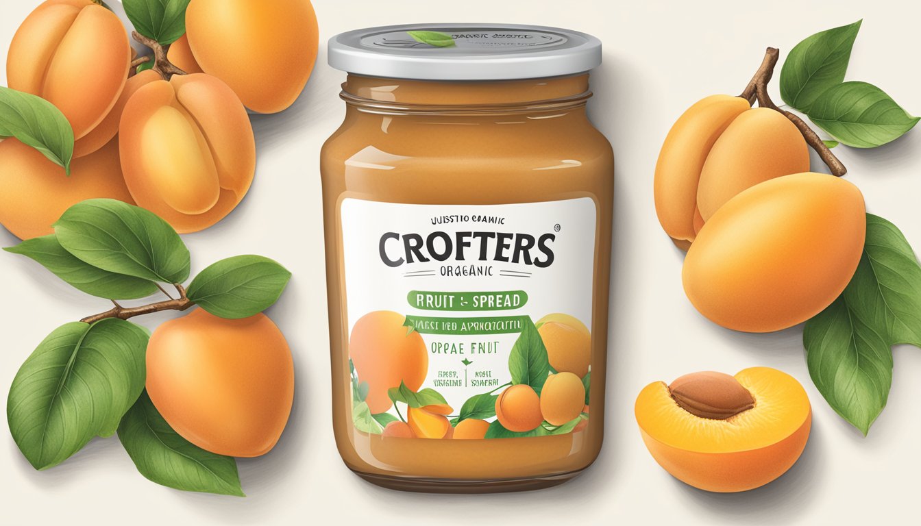 A jar of Crofters Organic Just Fruit Spread Apricot surrounded by fresh apricots and a nutritional profile label