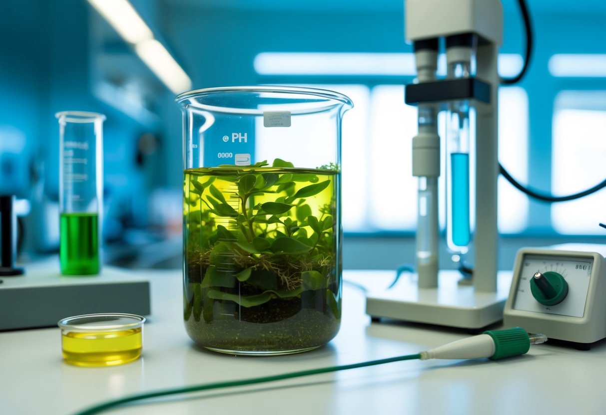 A clear beaker filled with green algae, set on a laboratory bench with pH testing equipment nearby