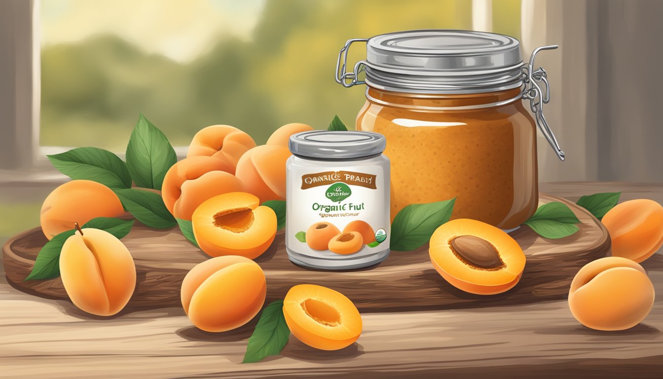 A rustic table with a jar of Crofters Organic Just Fruit Spread Apricot surrounded by fresh apricots and a slice of whole grain bread