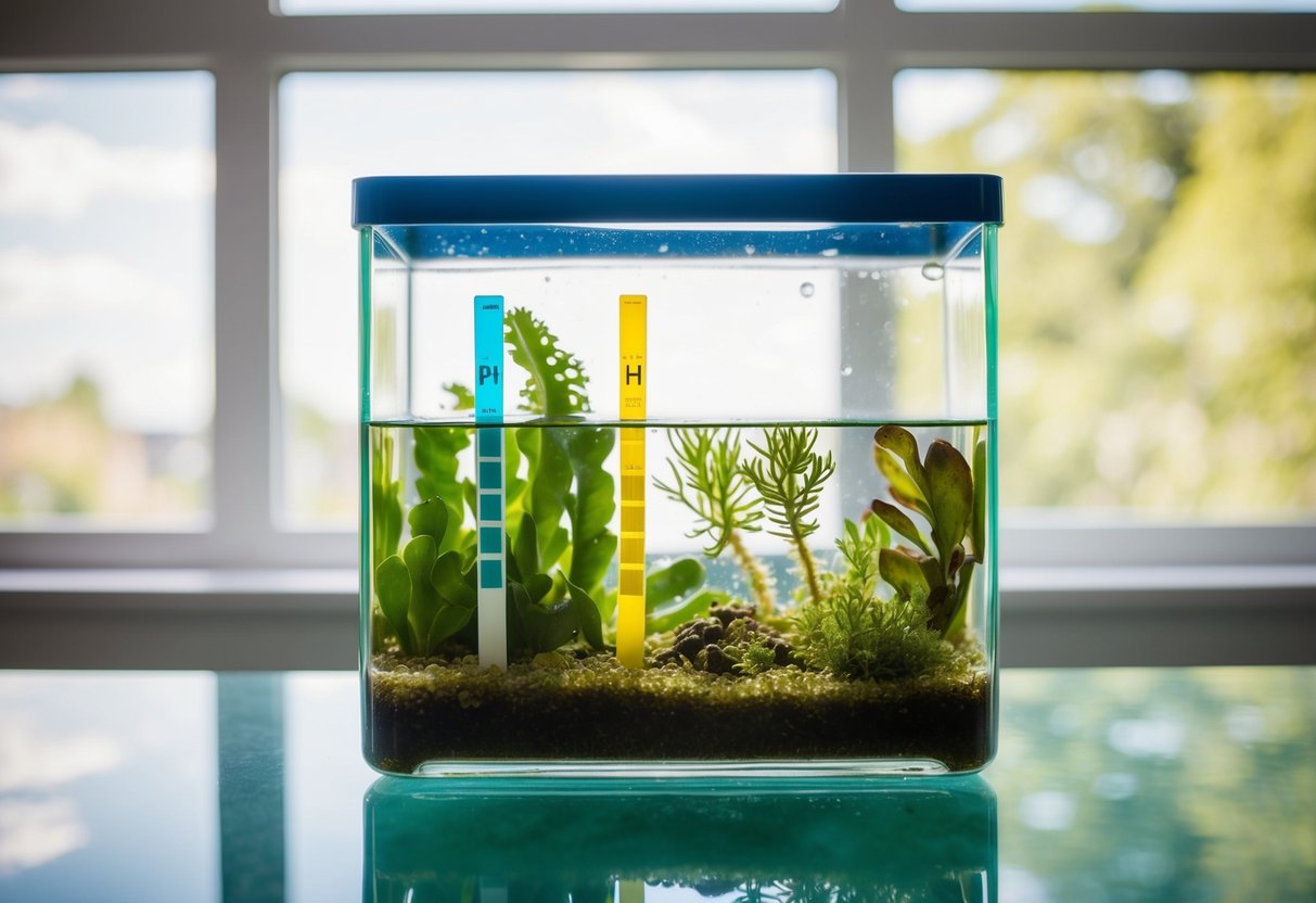 A clear glass tank filled with water and various types of algae. pH test strips are visible, indicating different levels