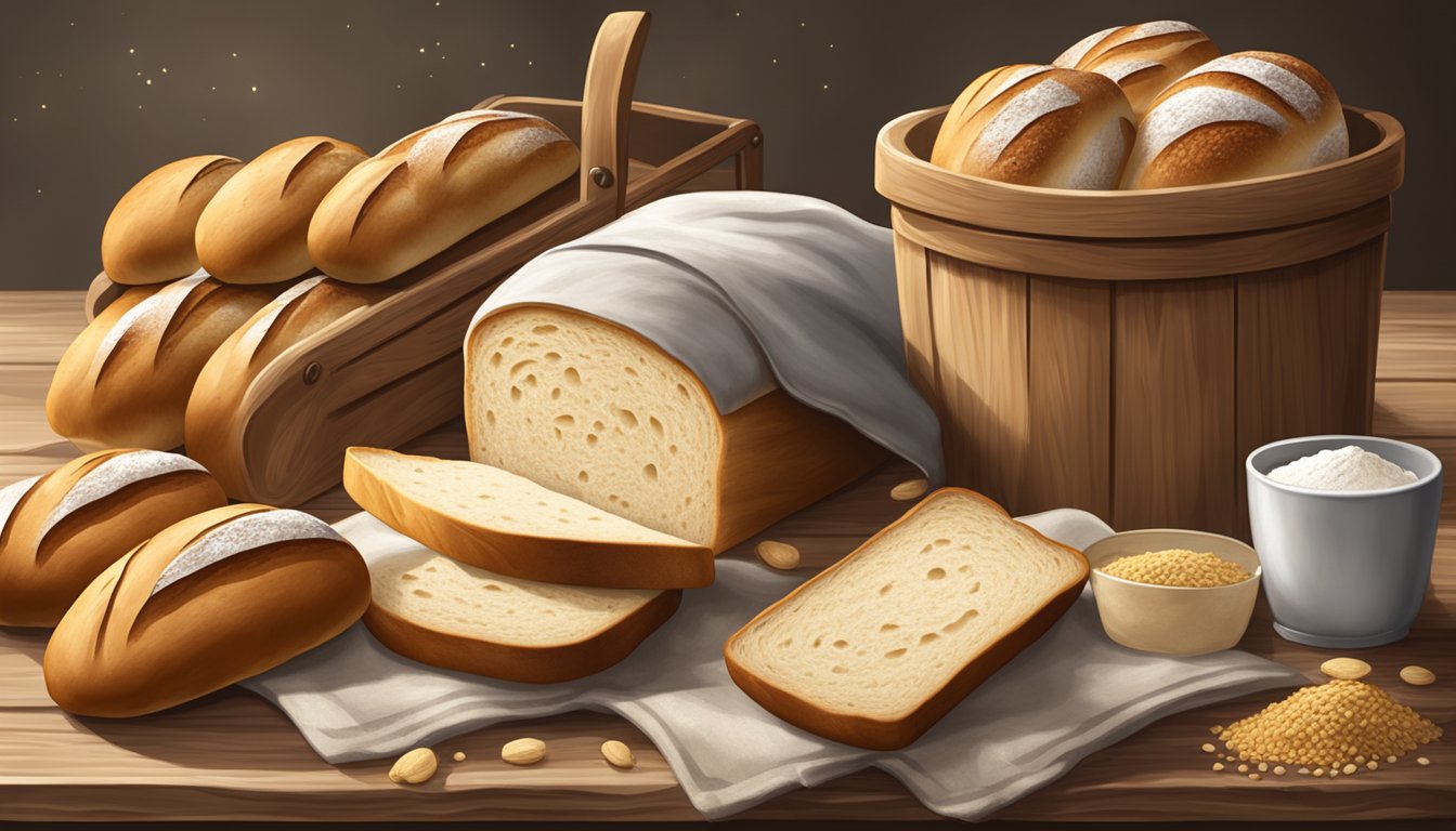 A rustic wooden table with a bag of King Arthur organic bread flour surrounded by freshly baked loaves of bread and a scattering of flour