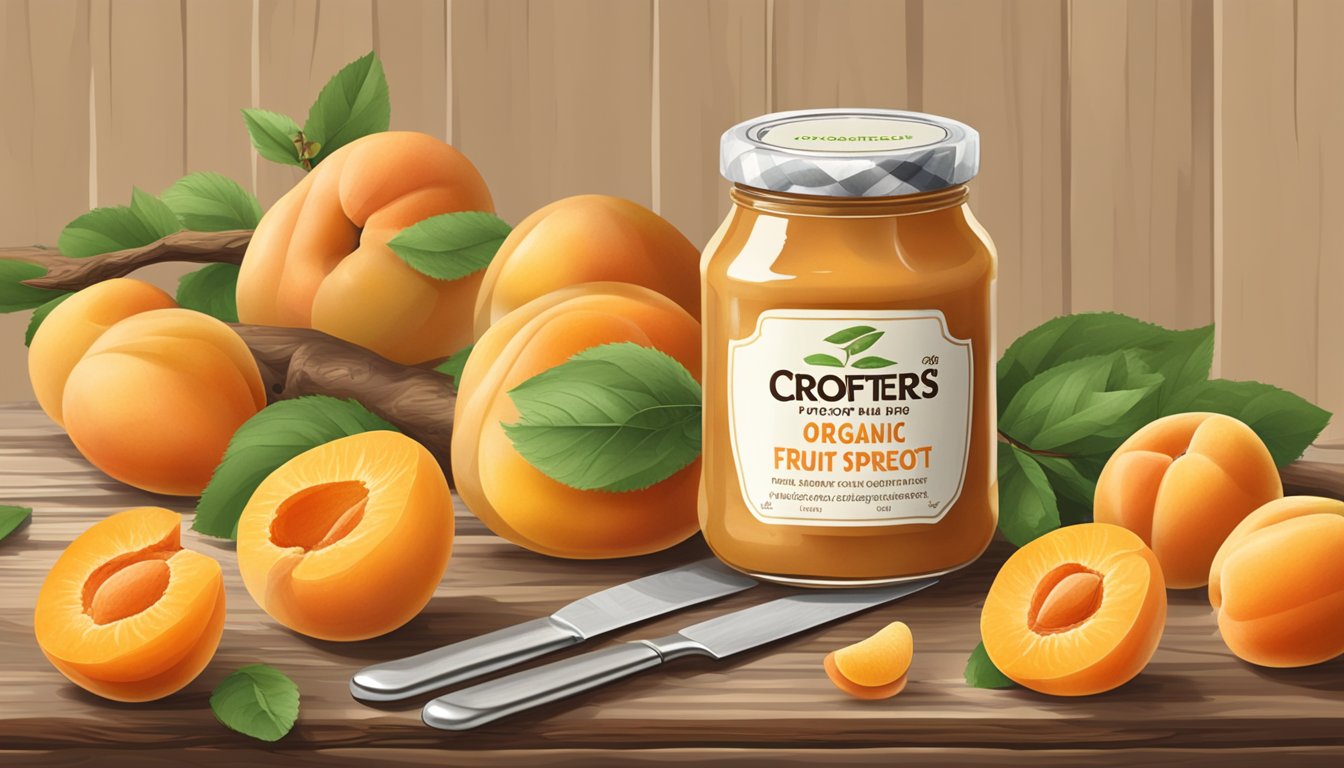 A jar of Crofters Organic Just Fruit Spread Apricot sitting on a rustic wooden table, surrounded by fresh apricots and a spreader knife