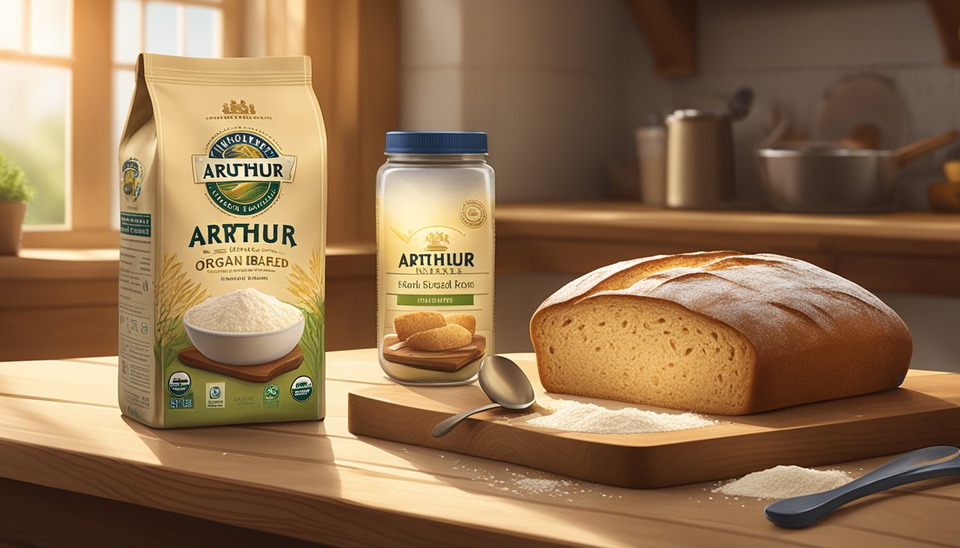 A bag of King Arthur organic bread flour sits on a wooden table, with a measuring cup and spoon next to it. Sunlight streams in from a nearby window, highlighting the flour's golden hue