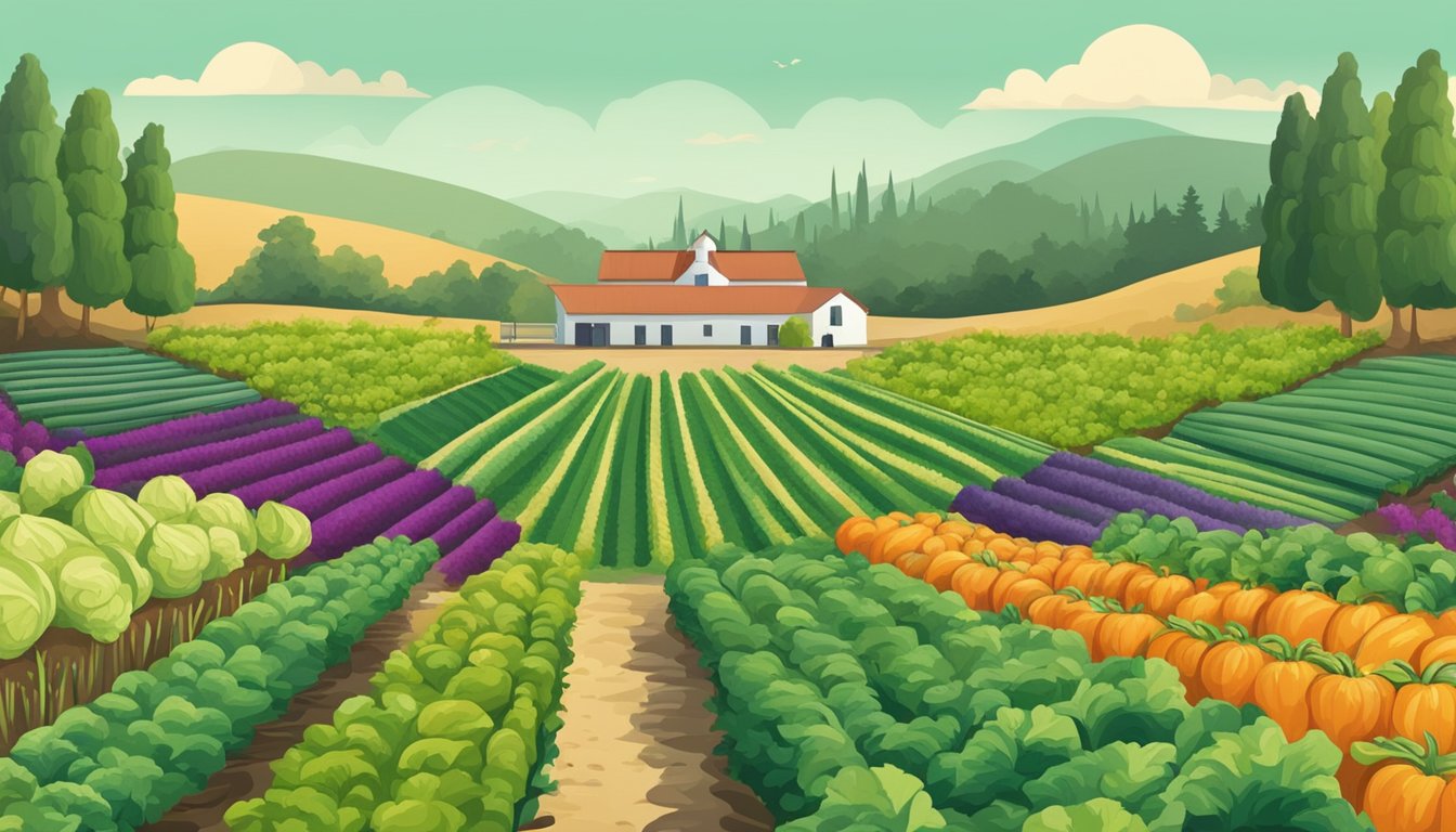 A lush California farm with rows of organic vegetables and a banner promoting ethical and environmental considerations