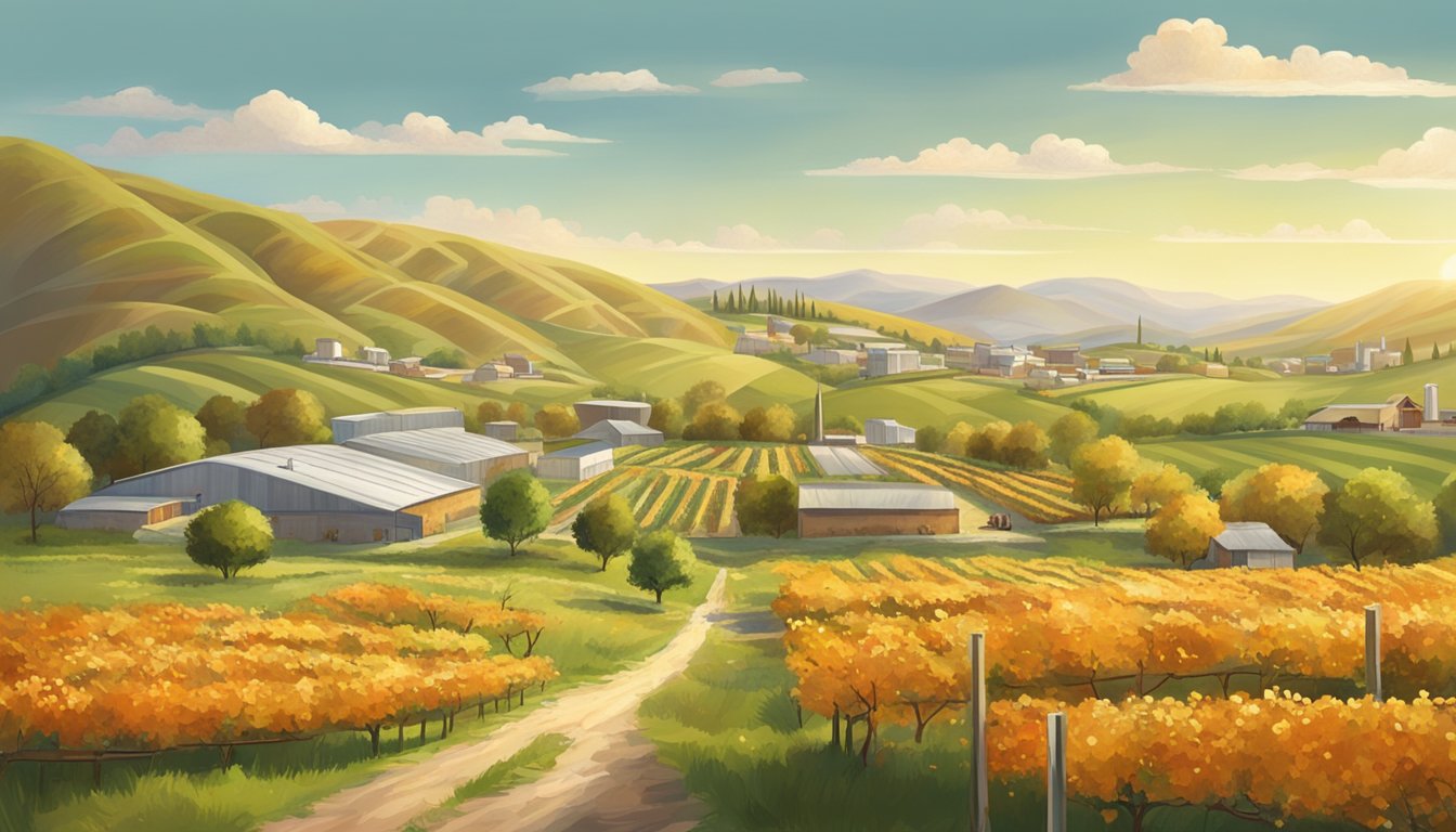 A sunny orchard with apricot trees, surrounded by rolling hills and a small manufacturing facility where crofters produce organic fruit spread