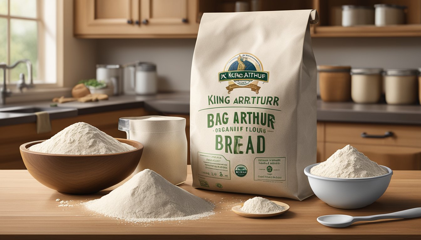 A bag of King Arthur organic bread flour sits on a wooden table, surrounded by measuring cups, a mixing bowl, and a rolling pin