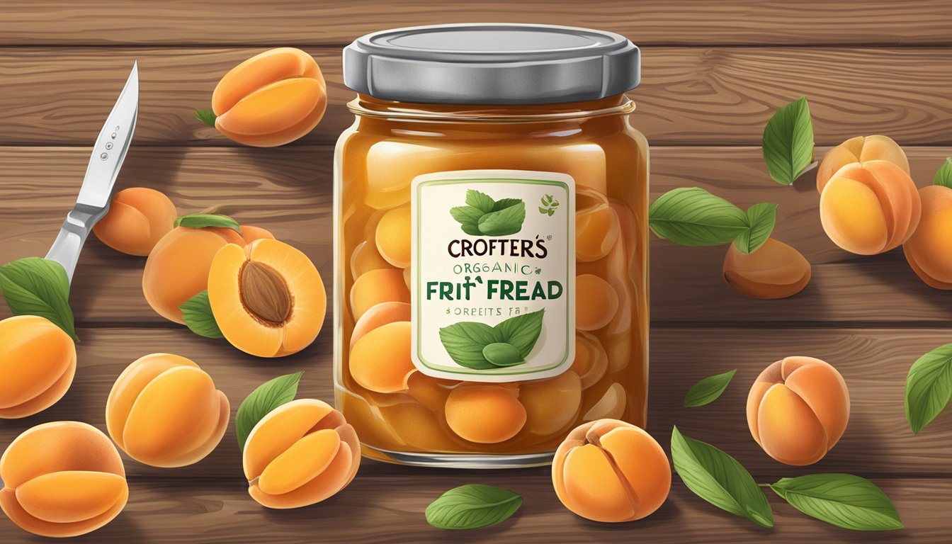 A jar of Crofters Organic Just Fruit Spread Apricot on a rustic wooden table surrounded by fresh apricots and a spreader knife