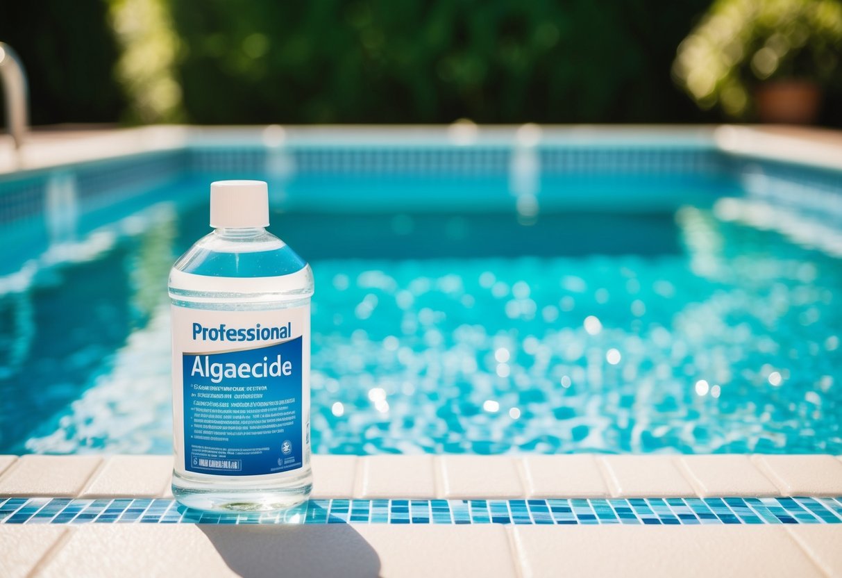 A clear swimming pool with sparkling blue water and a bottle of algaecide sitting on the edge