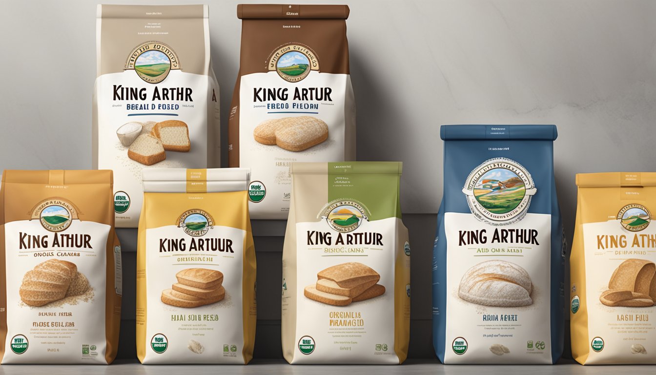 A bag of King Arthur organic bread flour being lifted above other flour types for comparison