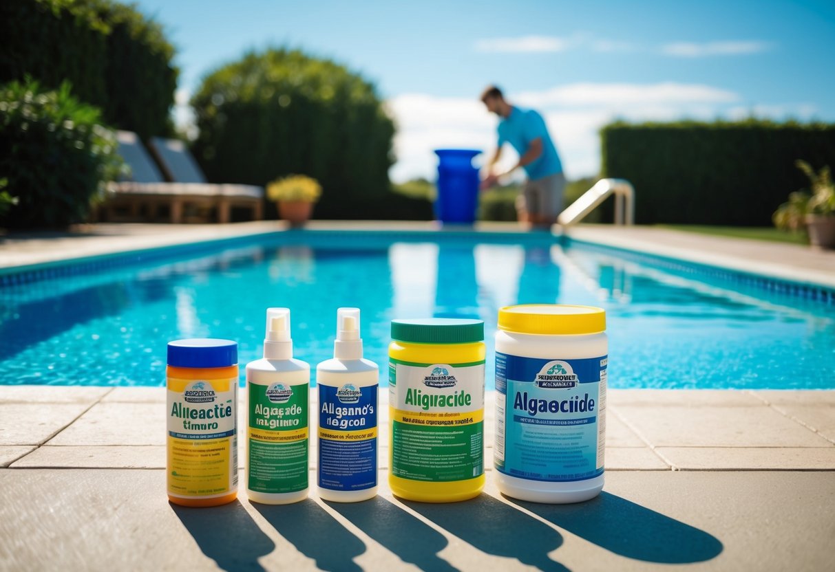 A sparkling swimming pool with various types of algaecides displayed on the poolside. A person in the background is carefully selecting the right algaecide for their pool