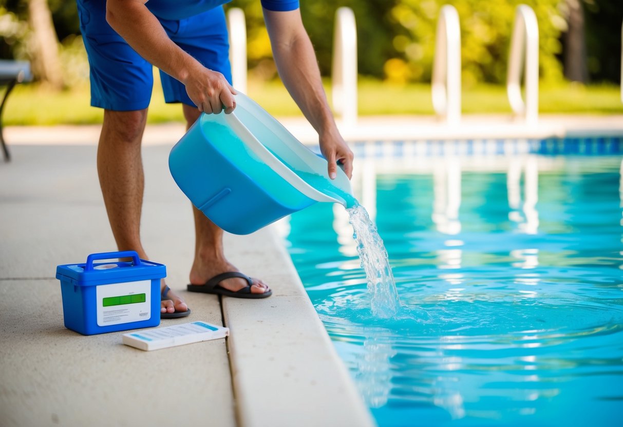 A person pouring algaecide into a swimming pool while testing the water chemistry with a testing kit nearby