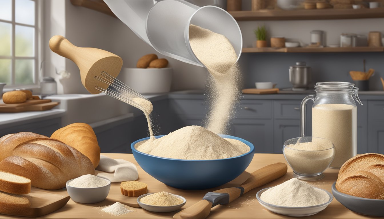 A bag of King Arthur organic bread flour being poured into a mixing bowl, with various bread-making tools and ingredients surrounding it