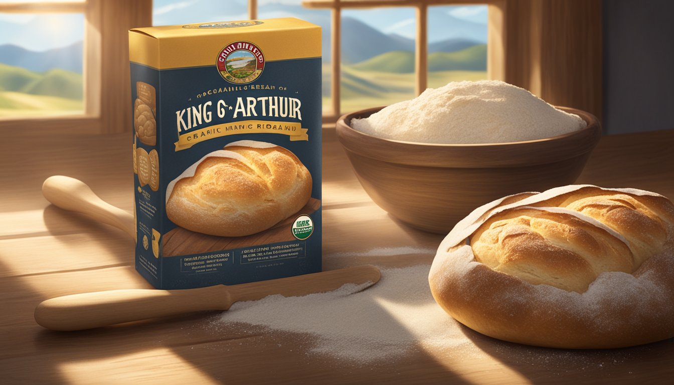 A bag of King Arthur organic bread flour sits on a rustic wooden table, with a rolling pin and a bowl of dough nearby. Sunlight streams in through a nearby window, casting a warm glow on the scene