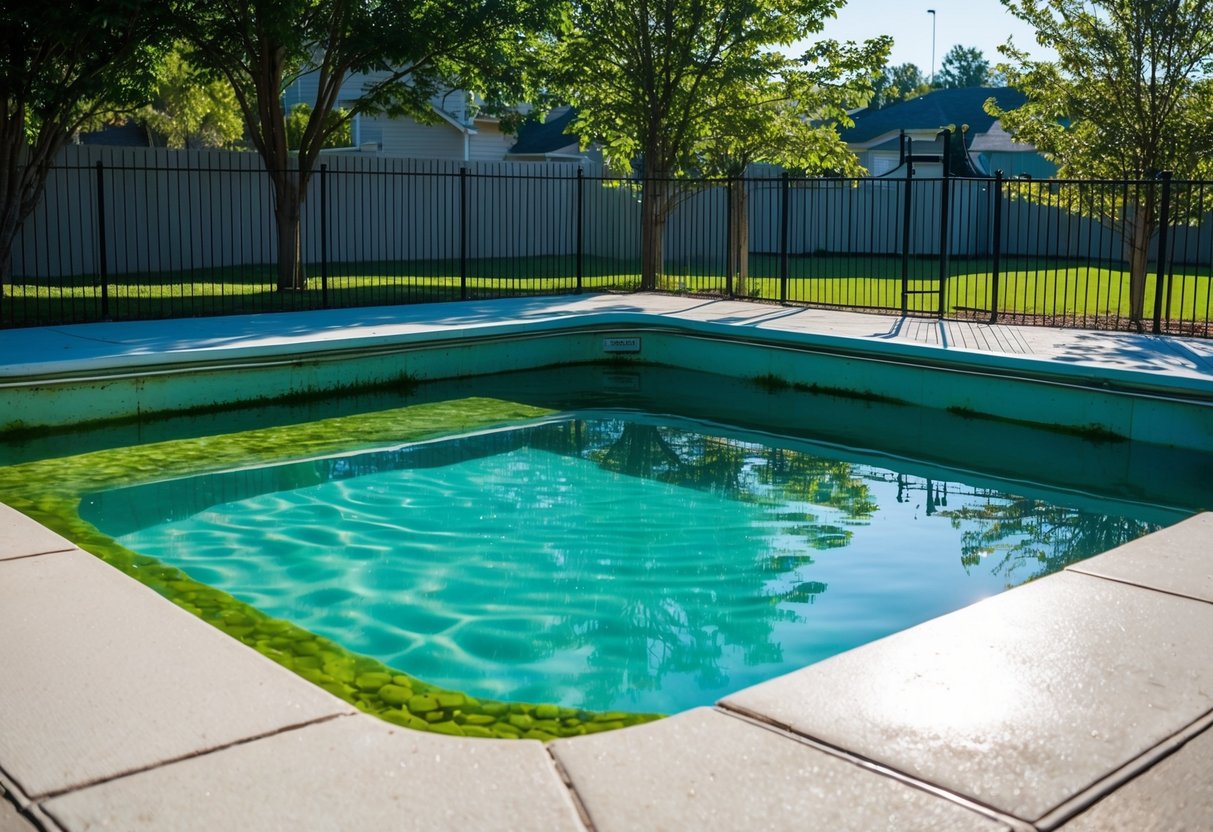 A clear pool with algae growth in corners, surrounded by trees and a fence. Sunlight and shadows create contrast on the water's surface