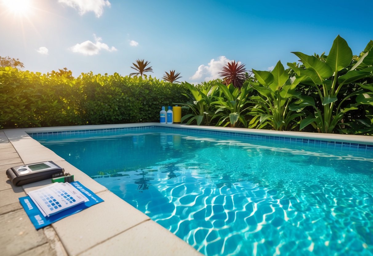 A pool with clear blue water, surrounded by lush green plants and a sunny sky, with a maintenance kit and testing strips nearby