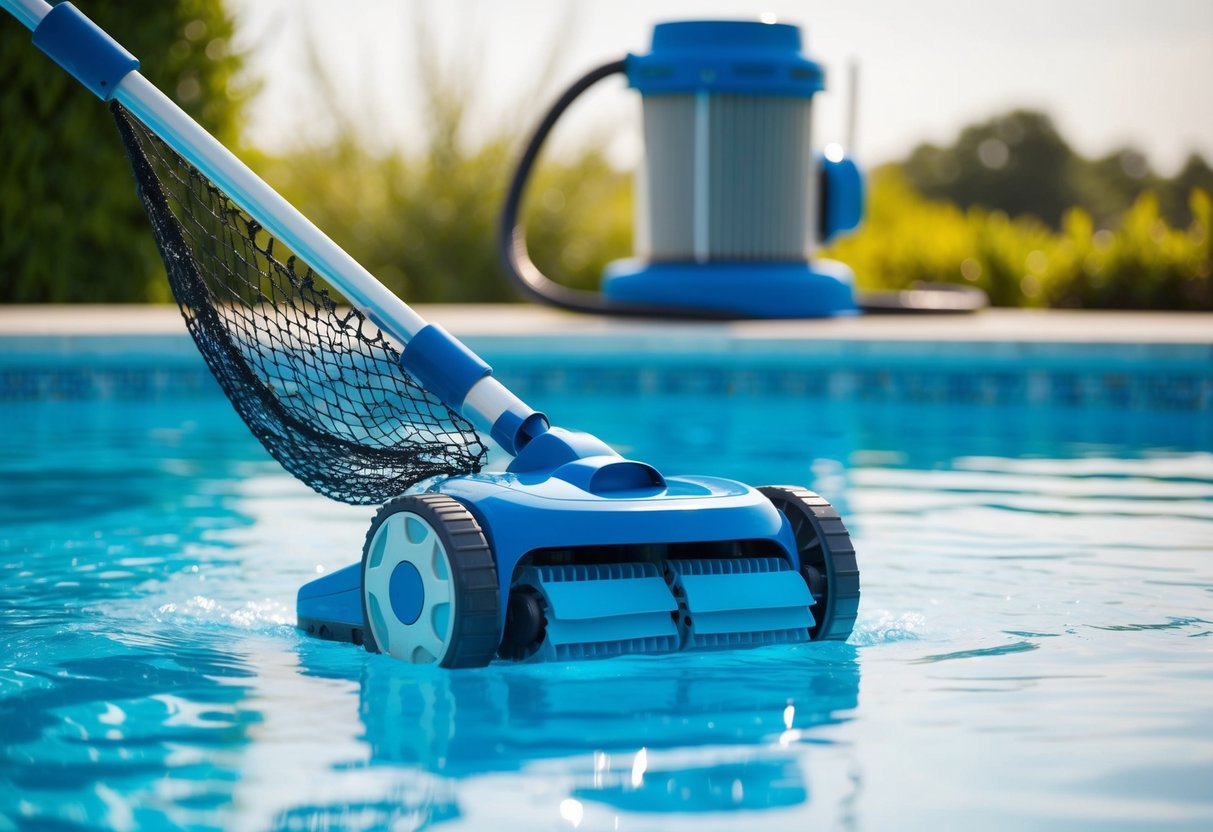 A robotic pool cleaner skims the surface of a sparkling blue pool, while a net is used to remove debris from the water. A pump and filter system hums in the background, keeping the water clear and free of algae