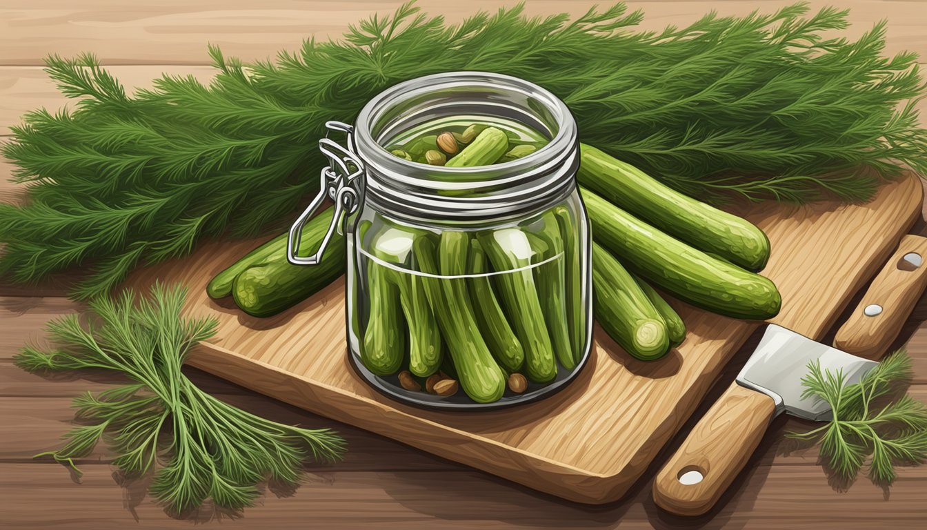 A jar of Vlasic Purely Pickles Kosher Dill Spears sits on a wooden cutting board, surrounded by fresh dill, garlic cloves, and peppercorns