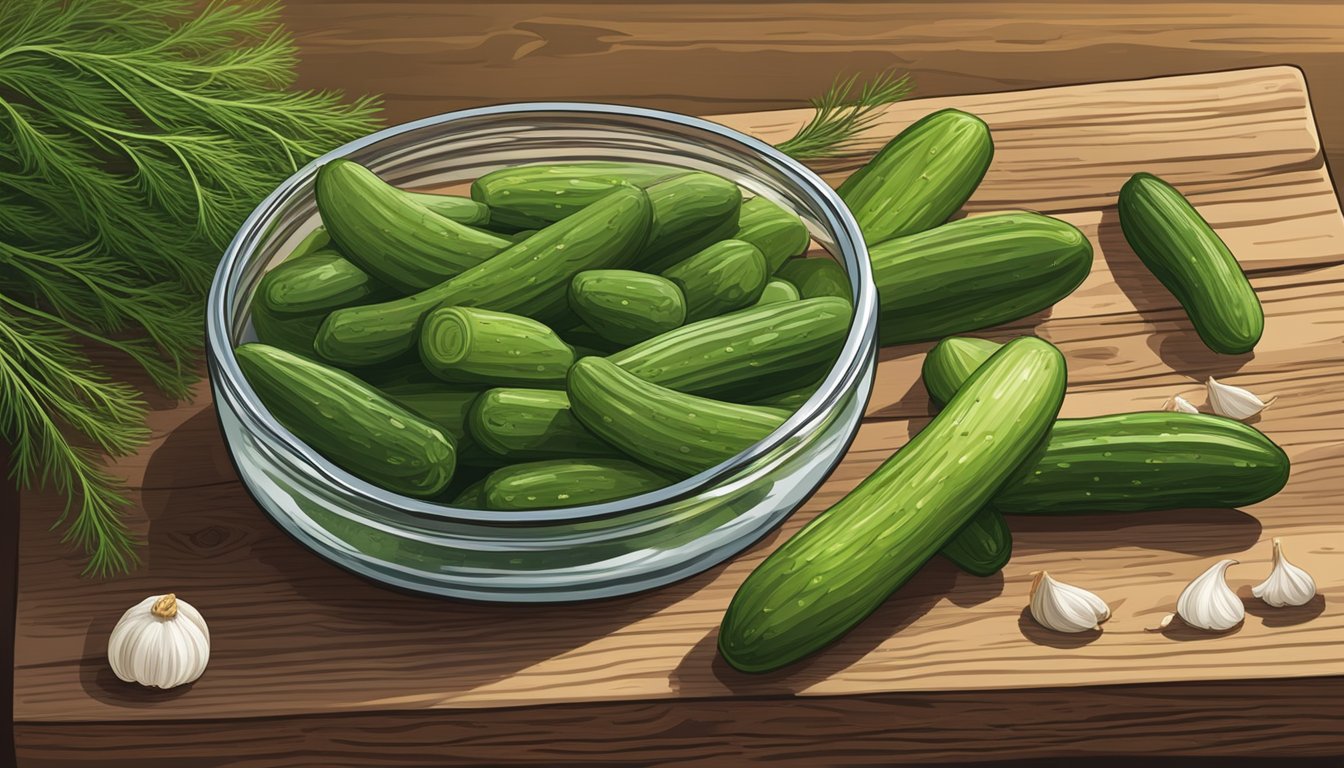 A jar of Vlasic Purely Pickles Kosher Dill Spears surrounded by fresh dill, cucumbers, and garlic cloves on a rustic wooden cutting board