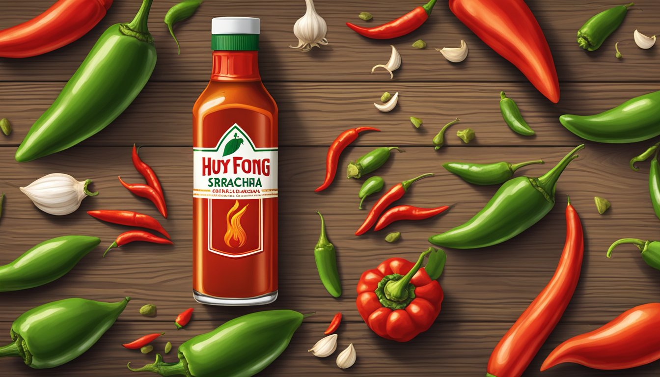 A bottle of Huy Fong Sriracha hot chili sauce surrounded by vibrant, fresh chili peppers and garlic cloves on a rustic wooden table