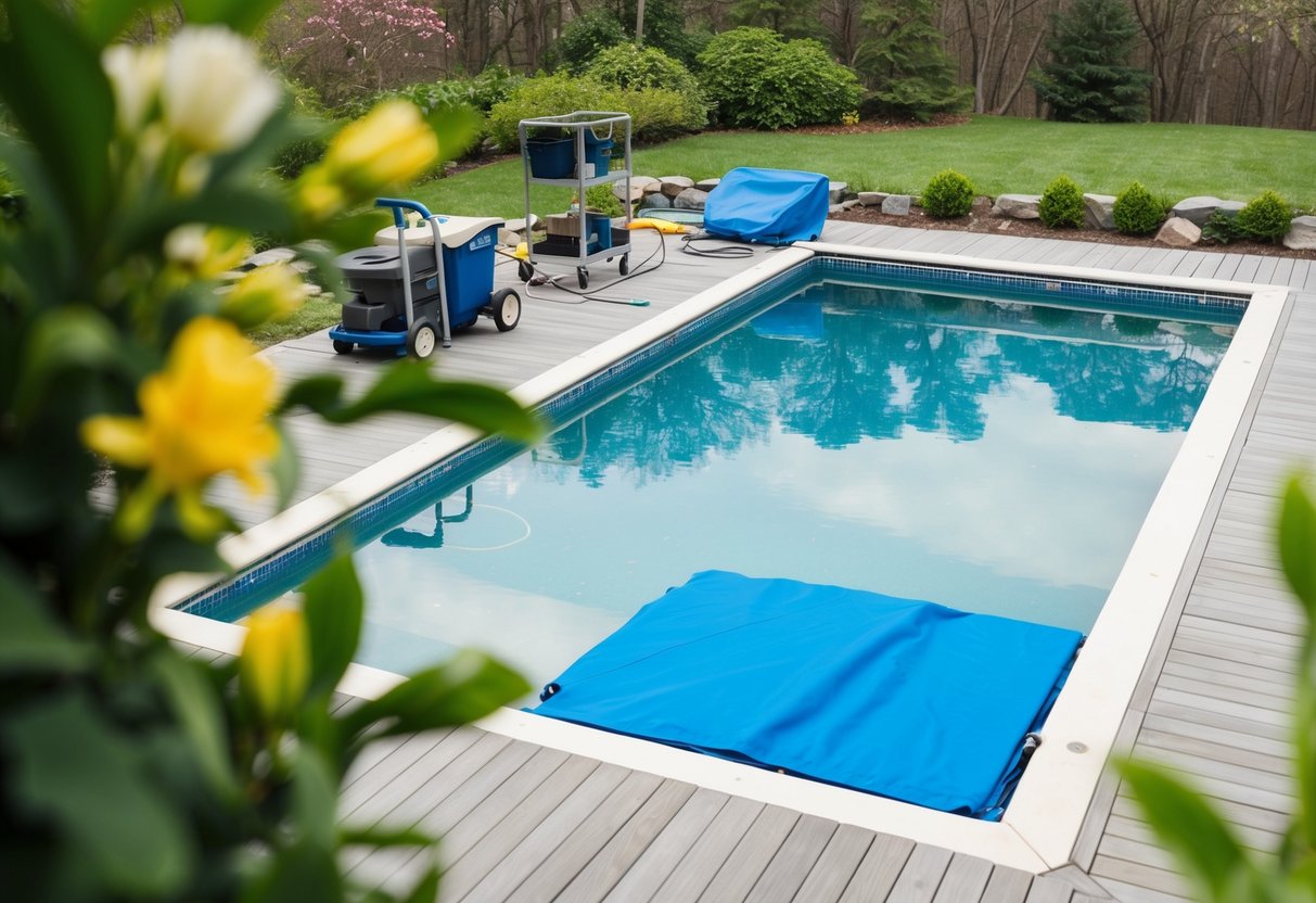 A pool surrounded by a clean deck, with a cover removed and cleaning equipment nearby. Fresh greenery and flowers add a touch of spring