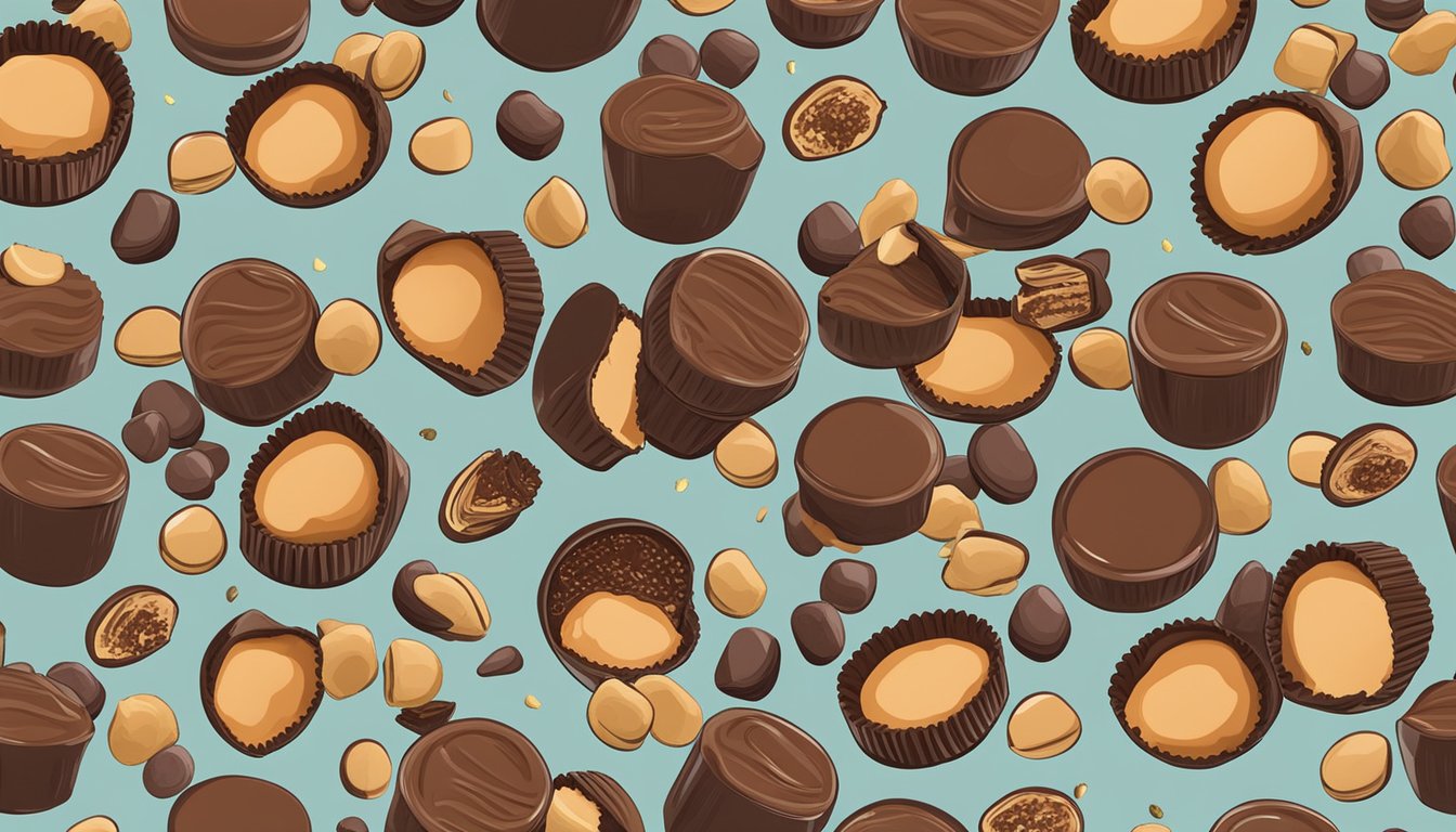 A jar of Justin's Organic Mini Peanut Butter Cups surrounded by scattered chocolate and peanut butter