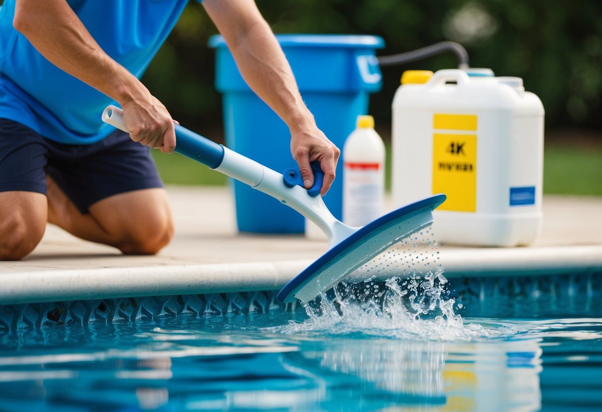 A person using a pool skimmer to remove debris, while another person adds chemicals to the water