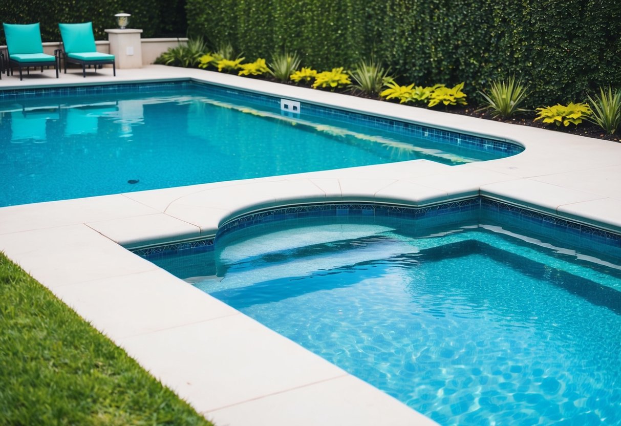 A sparkling swimming pool with clear blue water, surrounded by lush green landscaping and a clean, well-maintained pool deck