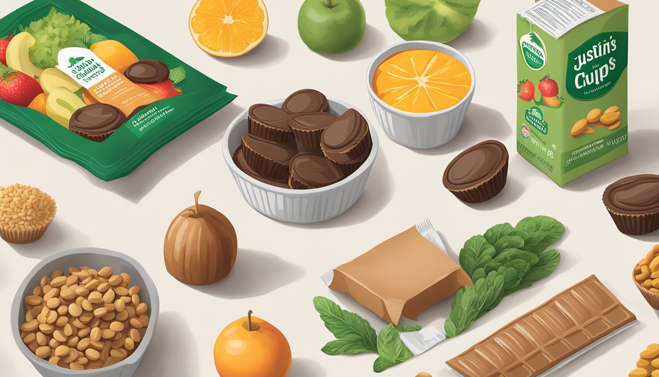 A table with a variety of healthy foods, including fruits, vegetables, and whole grains, alongside a package of Justin's Organic Mini Peanut Butter Cups