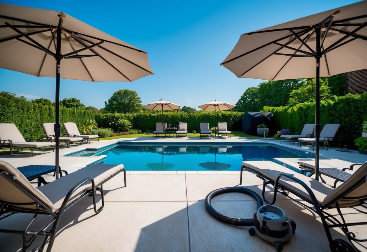 A backyard pool surrounded by lounge chairs and umbrellas, with a net and vacuum nearby for maintenance. A clear blue sky and lush greenery in the background