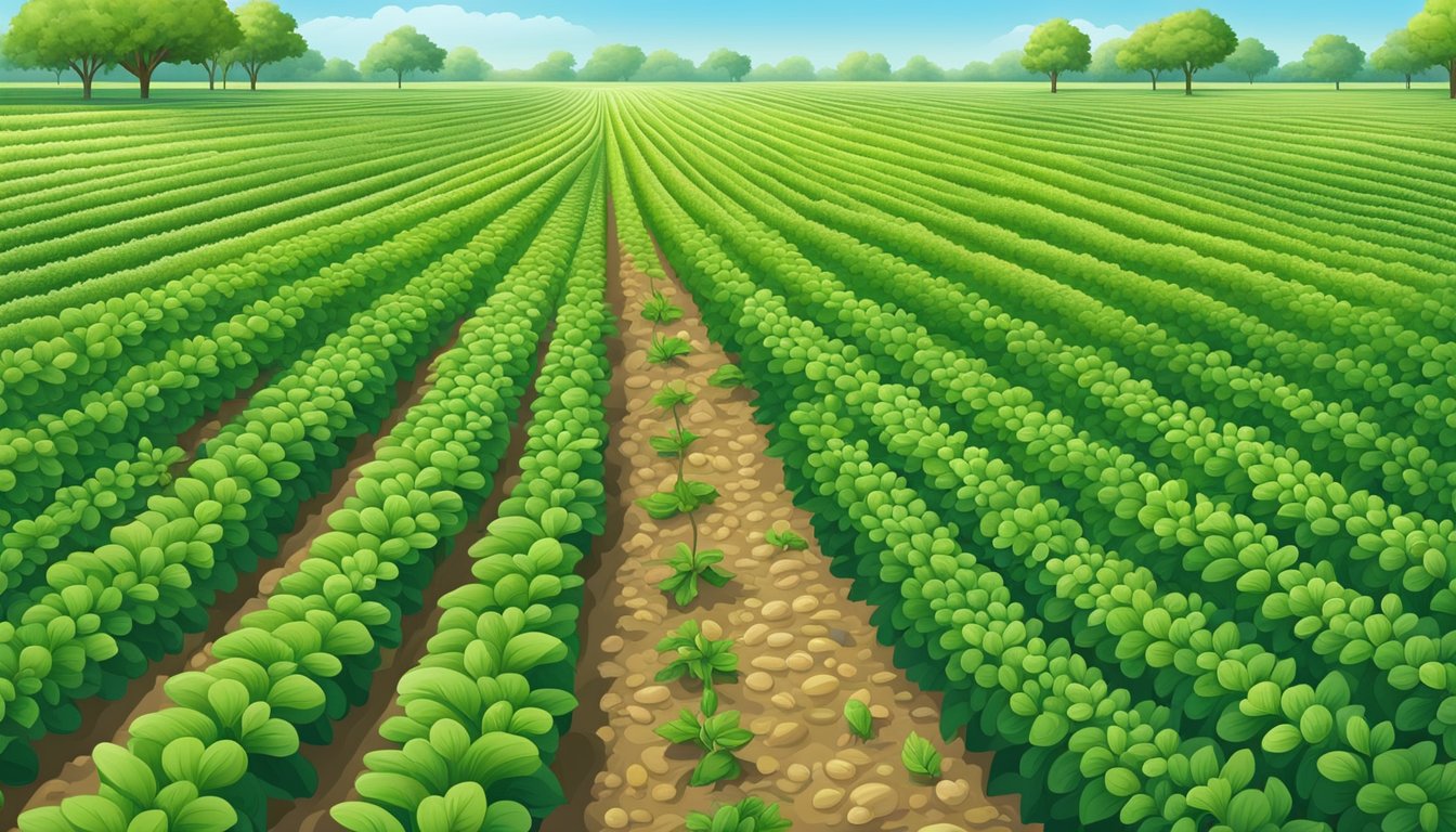 A lush, green field with rows of peanut plants under a clear blue sky, surrounded by a diverse array of wildlife and insects