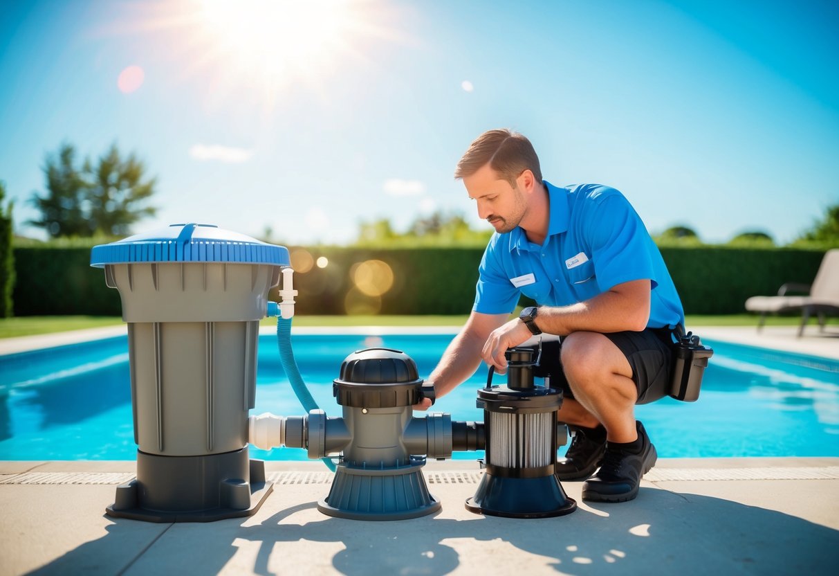 A pool technician inspects and maintains pool equipment, including filters, pumps, and chemical levels, under the bright summer sun