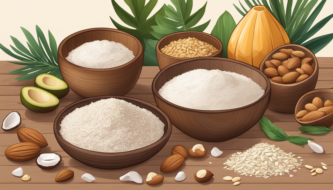 A wooden table with a bowl of Paleo baking flour, surrounded by ingredients like nuts, seeds, and coconut flakes