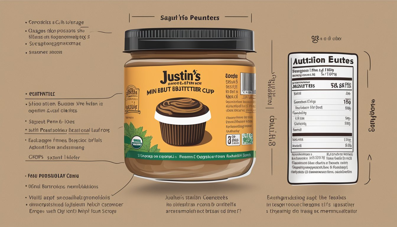 A jar of Justin's organic mini peanut butter cups with a label displaying usage and storage recommendations