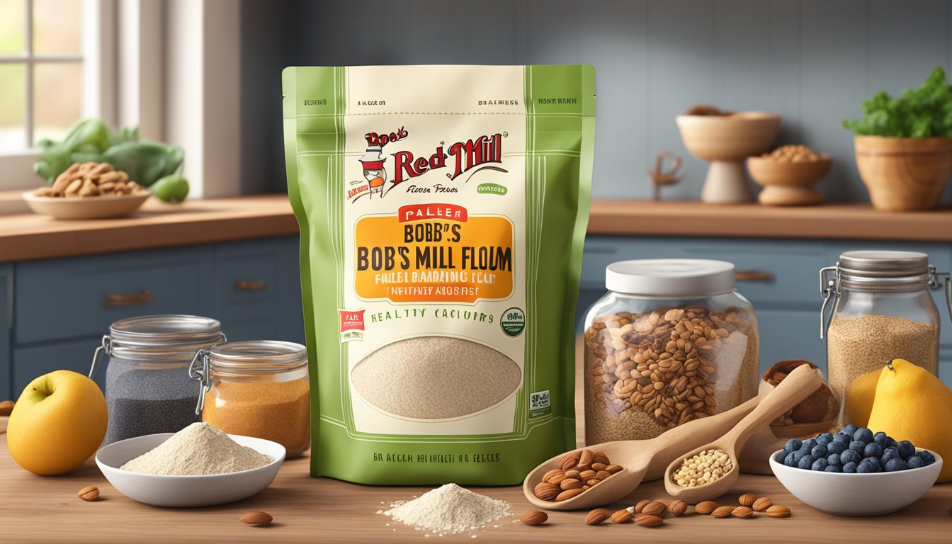 A bag of Bob's Red Mill Paleo Baking Flour surrounded by various healthy and nutritious ingredients such as nuts, seeds, and fruits on a wooden kitchen counter