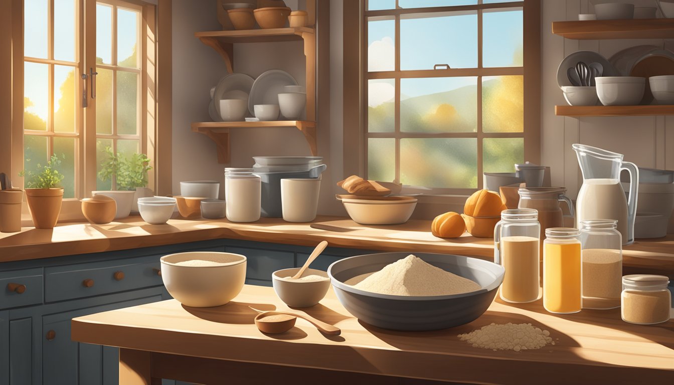 A rustic kitchen scene with a wooden table, mixing bowls, a bag of Bob's Red Mill Paleo Baking Flour, and various baking utensils. Sunlight streams in through a window, highlighting the ingredients