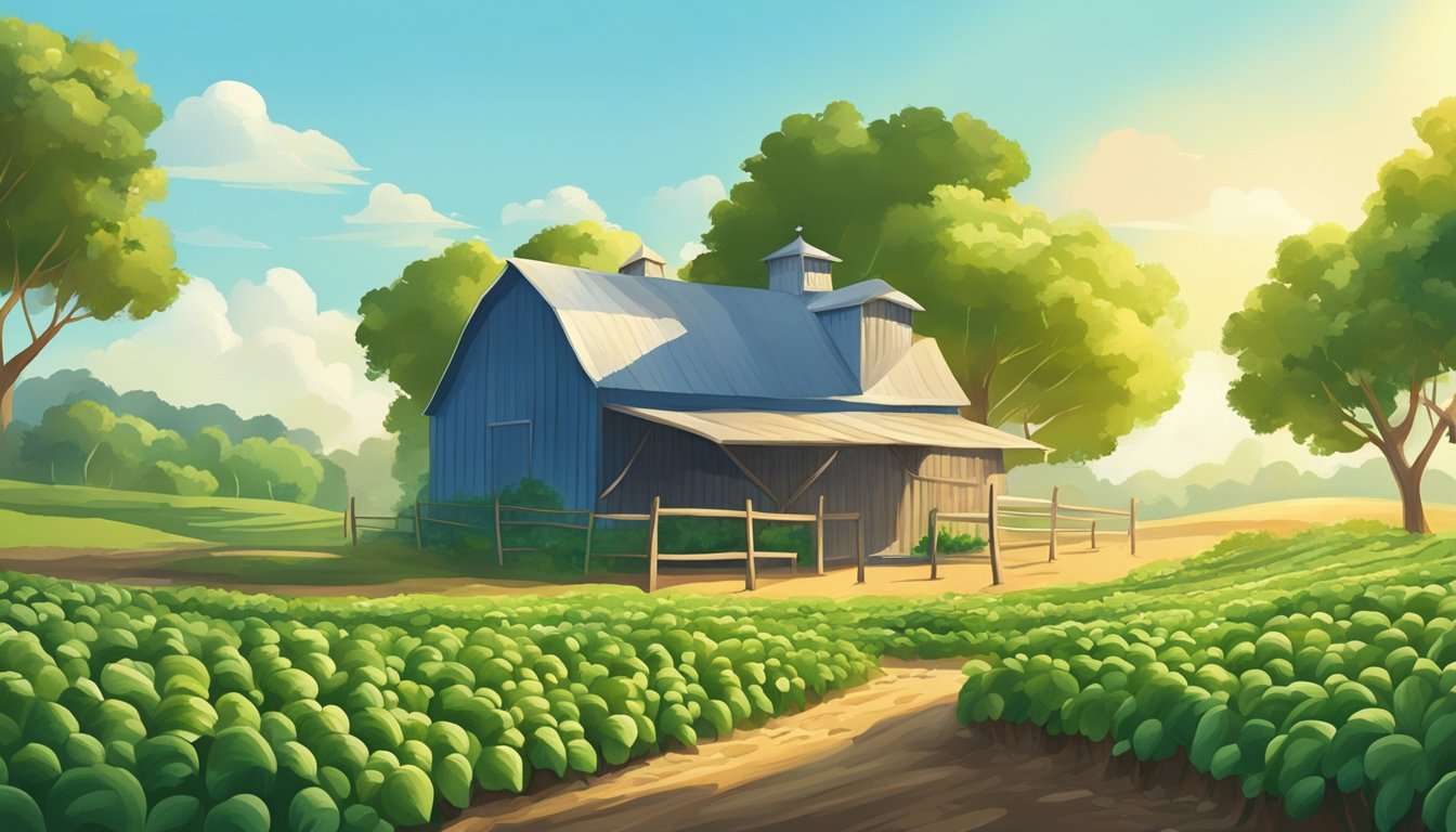 A lush, green peanut farm with a small, rustic barn in the background. A clear blue sky and vibrant sun highlight the organic and natural setting