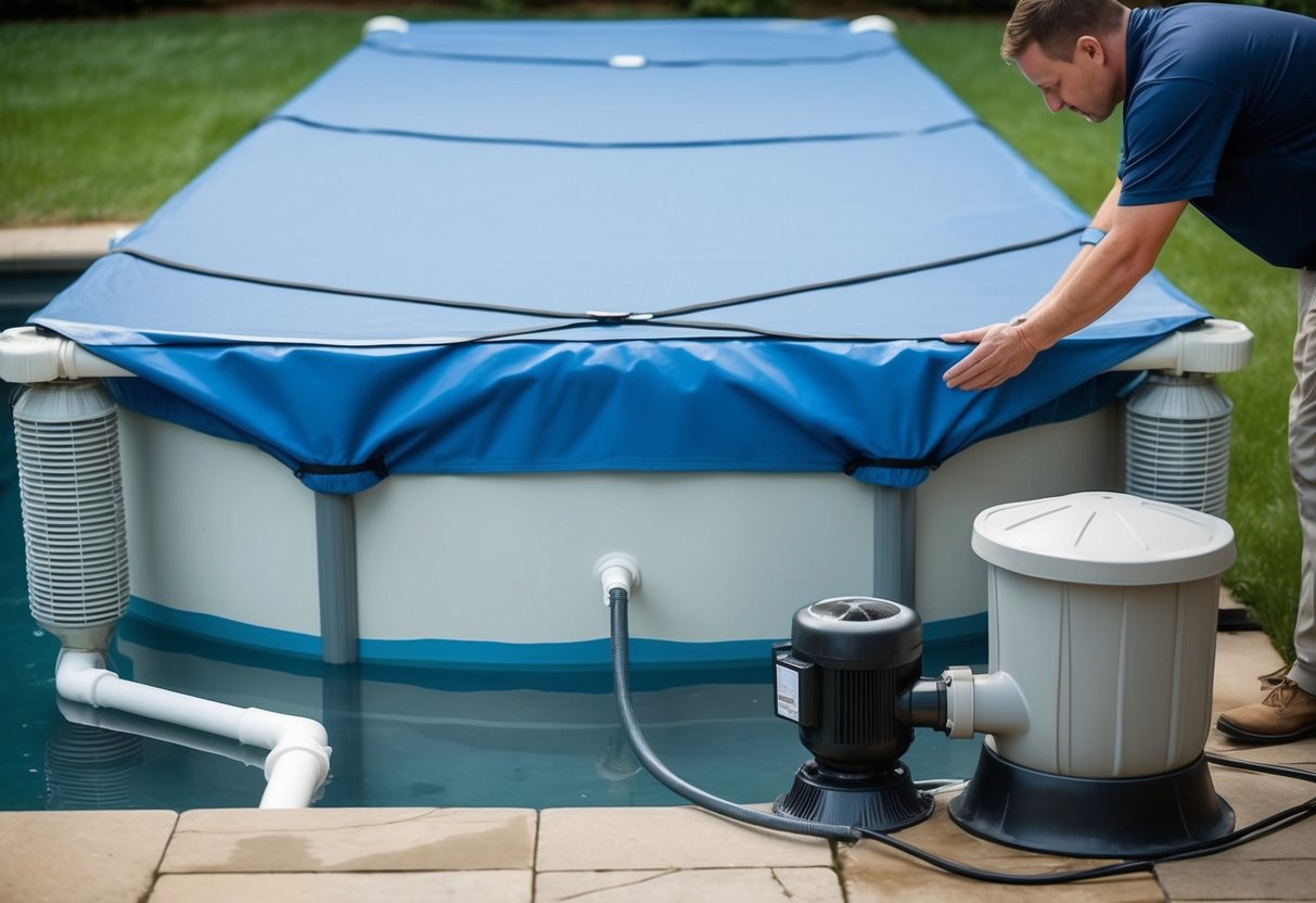 A pool cover being securely fastened over the water surface, a pool pump and filter system being shut off and covered, and any remaining water being drained from the pool's plumbing system