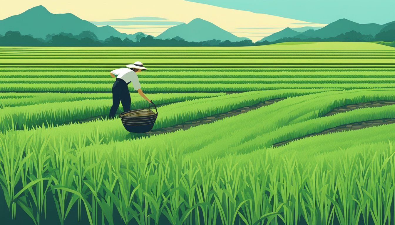 A lush green rice field with a clear blue sky and a farmer tending to the crop