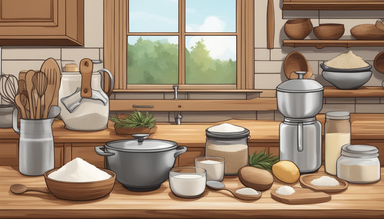 A rustic kitchen counter with a bag of Bobs Red Mill Paleo Baking Flour surrounded by various baking ingredients and utensils