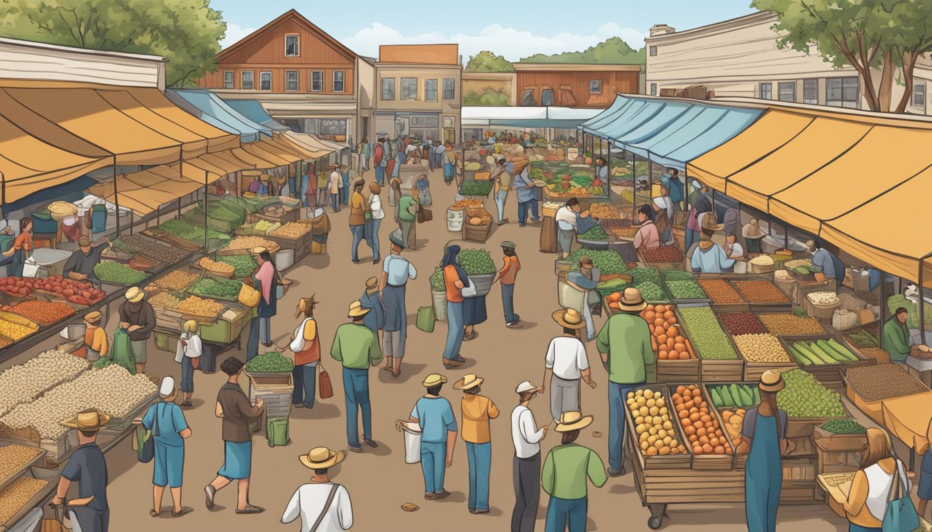 A bustling farmer's market with diverse vendors and customers, showcasing the popularity and economic impact of Lundberg organic short grain brown rice