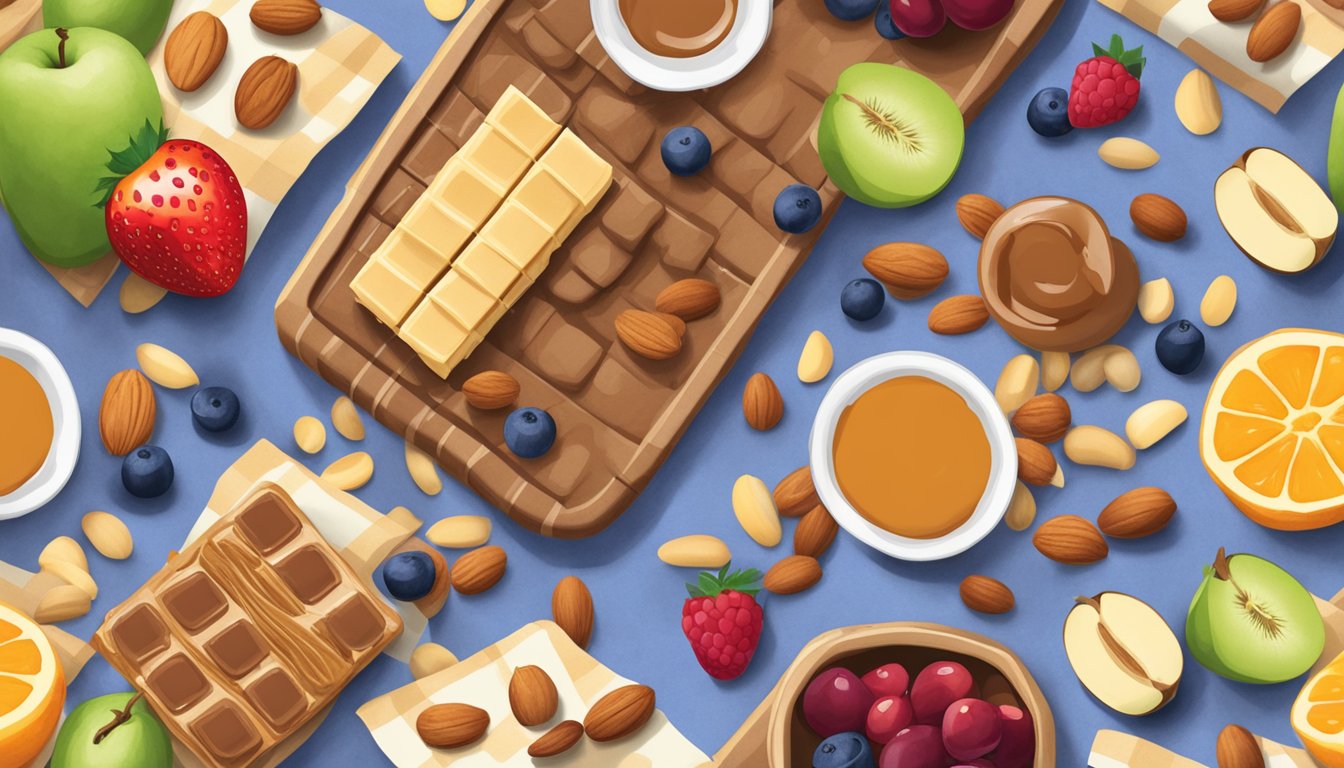 A picnic blanket with a variety of colorful fruits and nuts scattered around, with a small bowl of justins organic mini peanut butter cups as the centerpiece