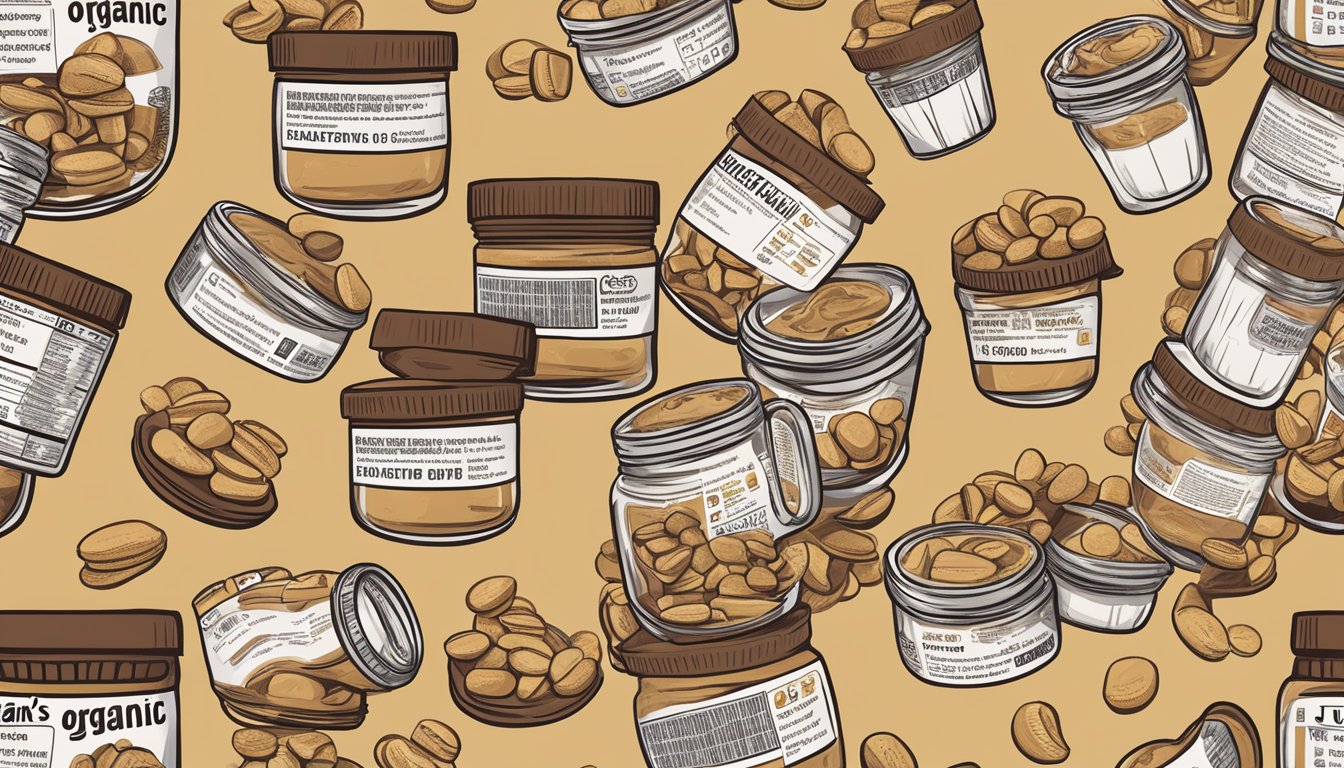 A jar of Justin's organic mini peanut butter cups surrounded by allergen warning symbols and safety information icons