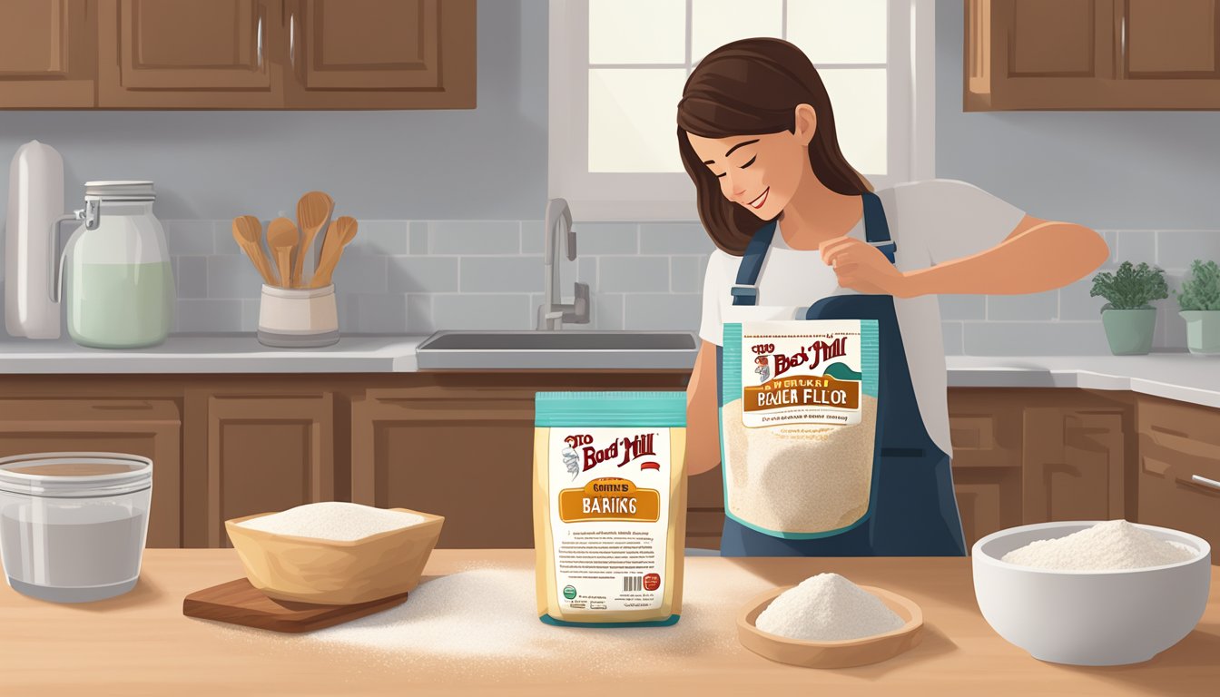 A person pouring Bob's Red Mill Paleo Baking Flour into a labeled glass jar on a kitchen counter next to a bag of flour