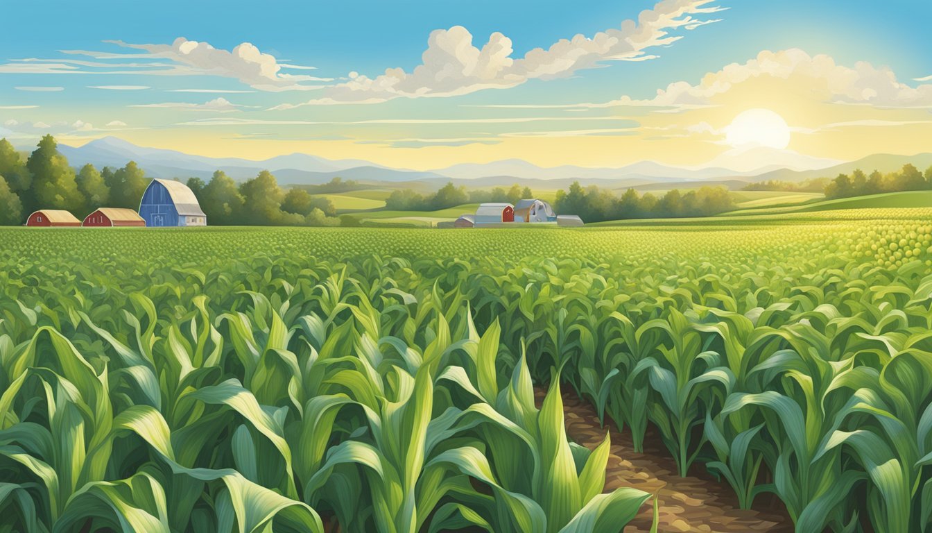 A lush field of organic sweet corn stretches to the horizon under a clear blue sky. The Cascadian Farm logo is visible on the packaging