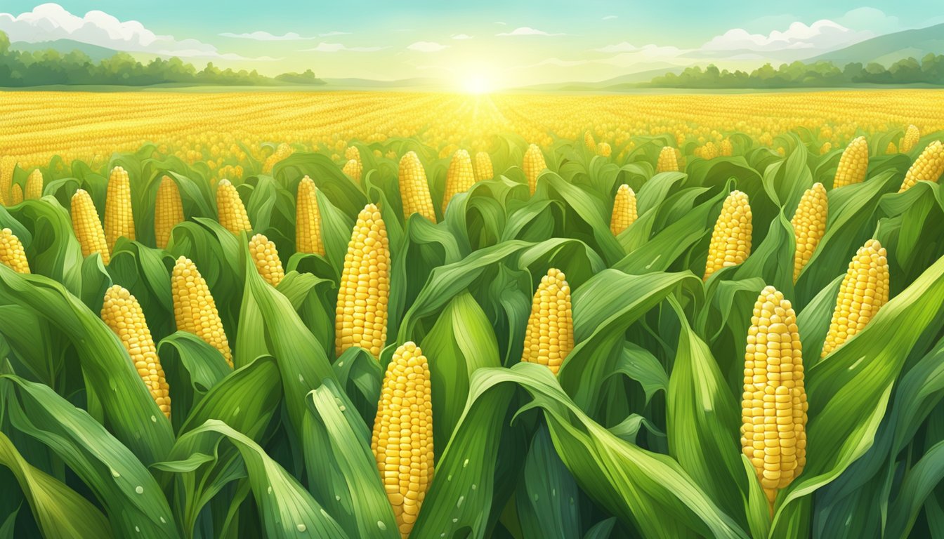 A lush field of organic sweet corn, glistening with dew under the morning sun, surrounded by vibrant green stalks and golden ears ready for harvest