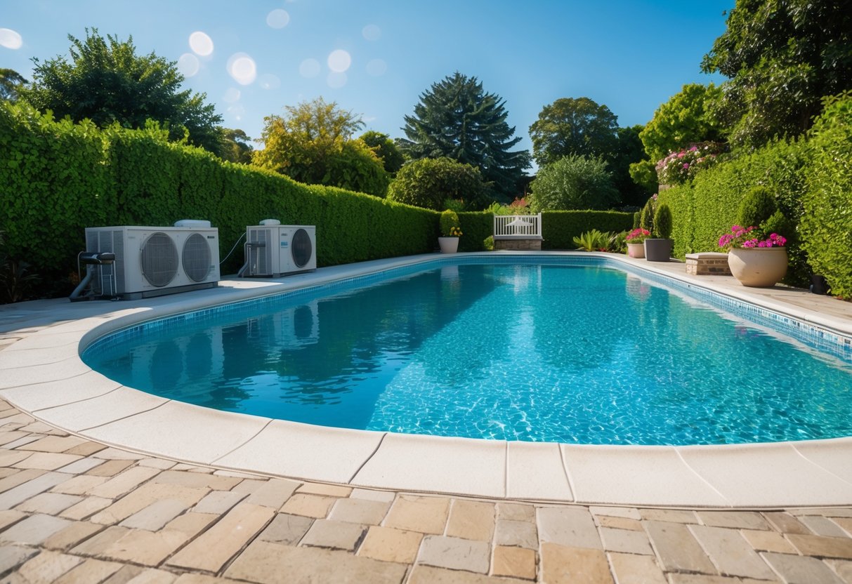 A pool with clear, sparkling water surrounded by lush greenery and maintained equipment for year-round optimal performance