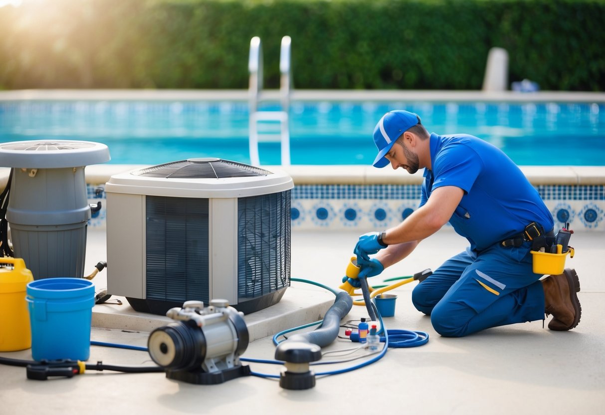 A pool maintenance technician inspecting and cleaning pool equipment and structure, surrounded by various tools and supplies