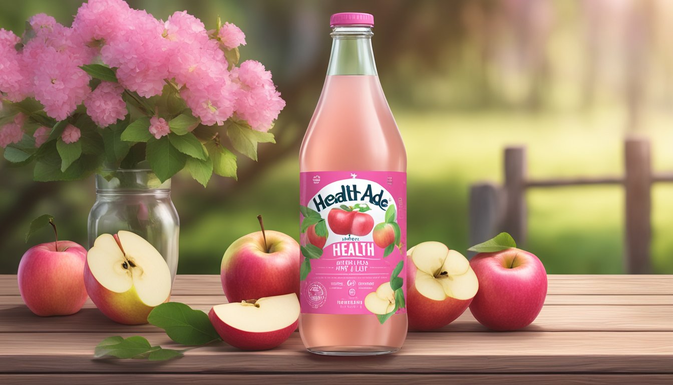 A bottle of Health-Ade Kombucha Pink Lady Apple on a rustic wooden table with fresh apples and vibrant pink flowers