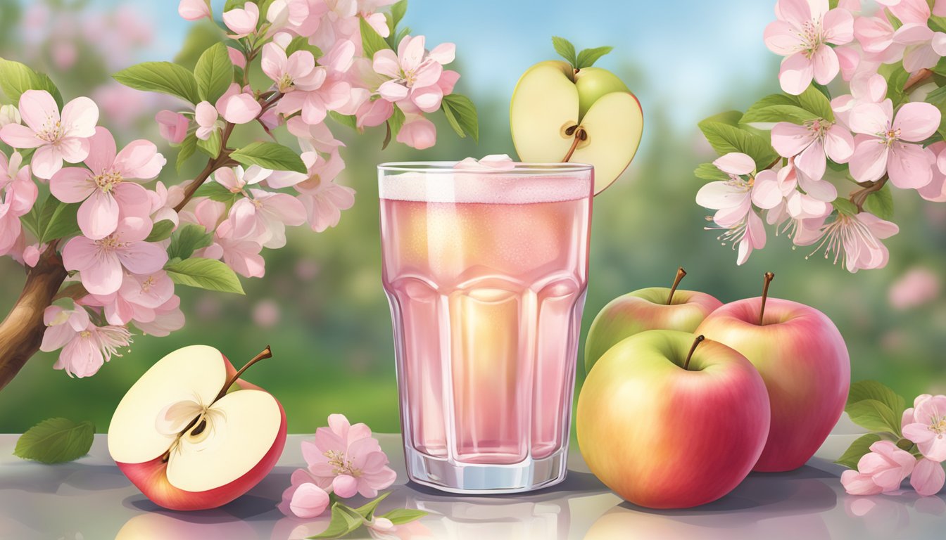 A glass of pink lady apple kombucha surrounded by fresh apples and blooming apple blossoms